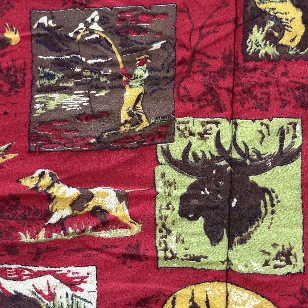 Vintage 1970s Coleman Sleeping Bag Blue Red Flannel Lined Hunt Moose Duck Dog